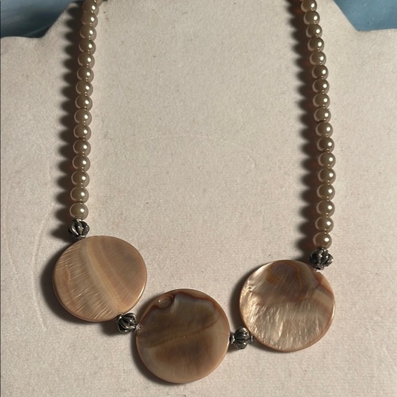Cream and Tan Necklace with Minimalist Circular Mother of Pearl  Design - Picture 1 of 5